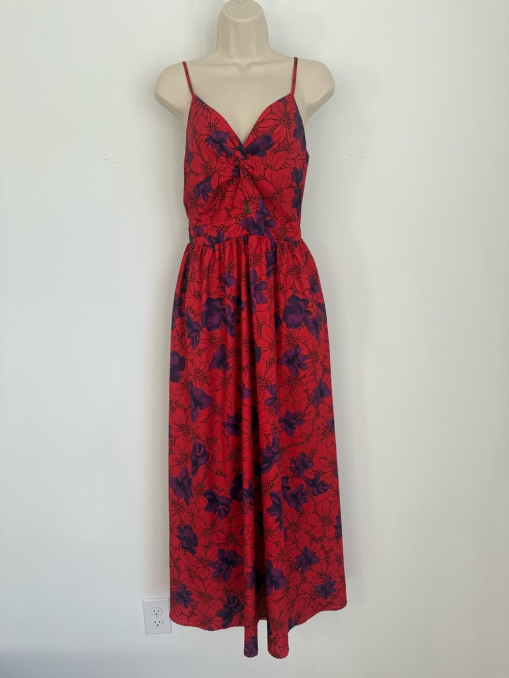 Red and Purple Floral Maxi Dress Scoop Back With Bow Flowy Silky Size Large